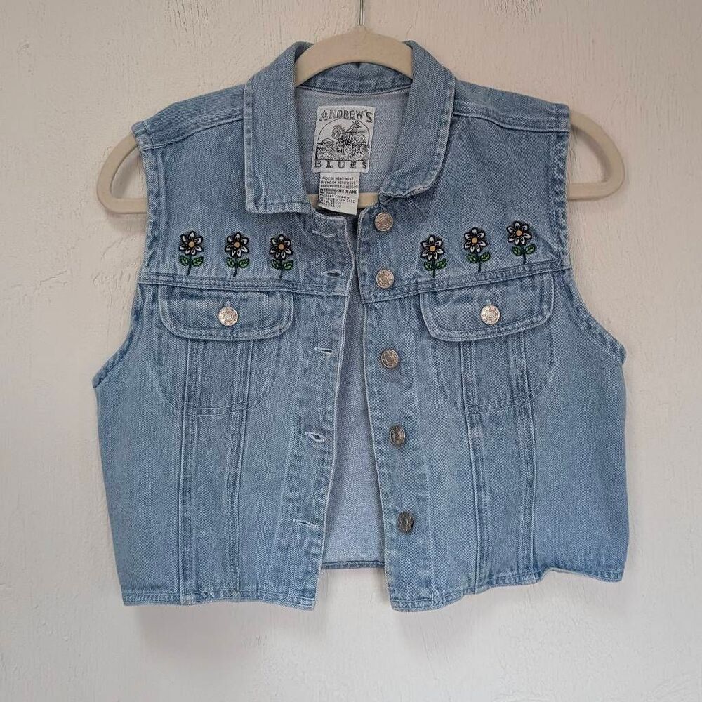 Vintage 90s Denim Vest Floral Embroidery Size Small Boho Cottage Core Preppy